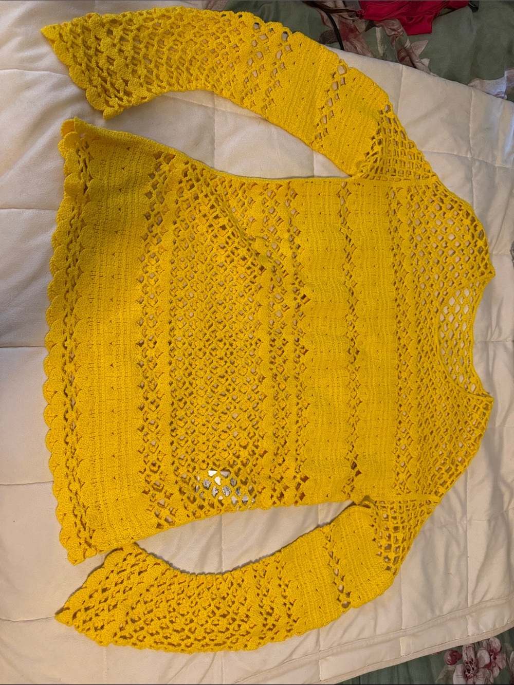 Maje Bright Yellow Openwork Crochet Scoop Neck Sweater